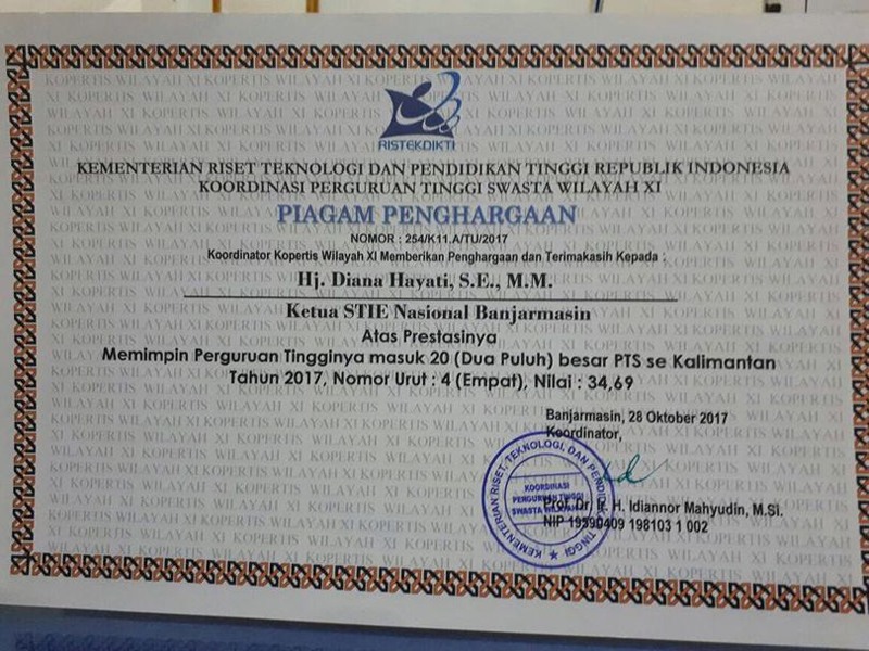 Penghargaan  PTS terbaik peringkat 4 Sekalimantan